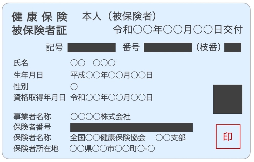 保険証のマスキング例(記号・番号・保険者番号・二次元コードを黒塗り)
